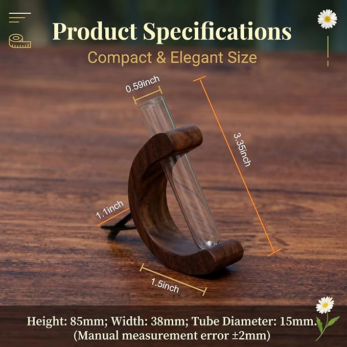 Car Vent Clip Bud Vase, Car Air Vent Propagation Vase Diffuser, Glass Tube Plants Ornamental Decoration, Universal for Horizontal, Vertical, Angled Outlets (C-Shaped Walnut)