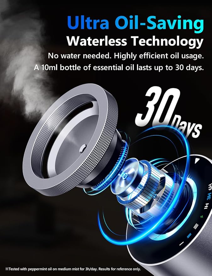 Waterless Essential Oil Diffuser with 20ml Oil, Battery Operated, Portable | Oil-Saving Design | Smart Memory | Aluminum | 3 Mist Levels | 3 Ambient Light Modes | Ultra Quiet | for Home Office Car