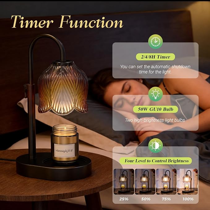 Candle Warmer Lamp with Adjustable Height - Flameless 4-Level Dimmable Wax Warmer, Timer Function & Stylish Design in Multiple Colors (Black07)
