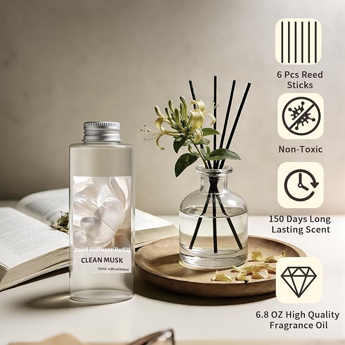 STRN Reed Diffuser Oil Refill, Clean Musk Scented Diffuser Oil Refills with 6 Reed Sticks 200ML(6.8fl.oz), Room Fresheners for Home, Long-Lasting Summer Fragrance for Living Room, Bedroom, Office