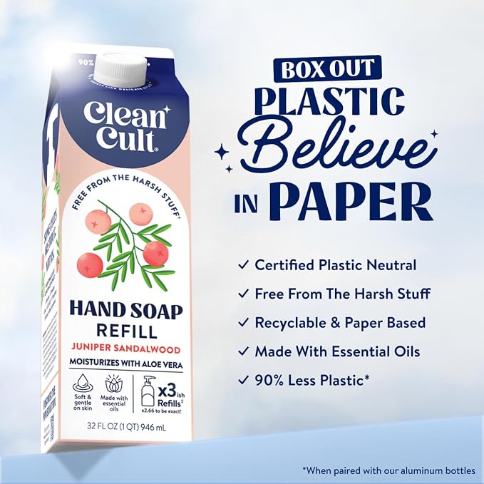 Cleancult Liquid Hand Soap Refill - Juniper Sandalwood - Gentle On Sensitive Skin - Made with Aloe Vera & Essential Oils - Eco Friendly - Paper-Based Packaging - 32 oz/1 Pack