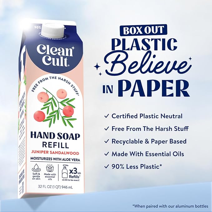 Cleancult Liquid Hand Soap Refill - Juniper Sandalwood - Moisturizes Dry & Sensitive Skin - Made with Aloe Vera & Essential Oils - Eco Friendly - Paper-Based Packaging - 32 oz/2 Pack