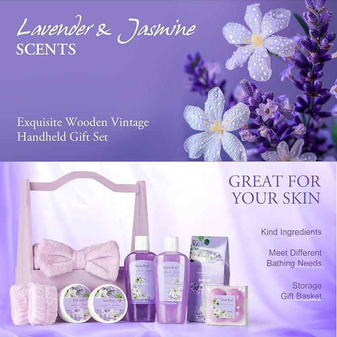 Home Spa Gift Basket for Women, Lavender Jasmine Bath & Body Care Kit | Bath and Body Gift Baskets, self care birthday gift for women, Spa Gifts for birthday, christmas