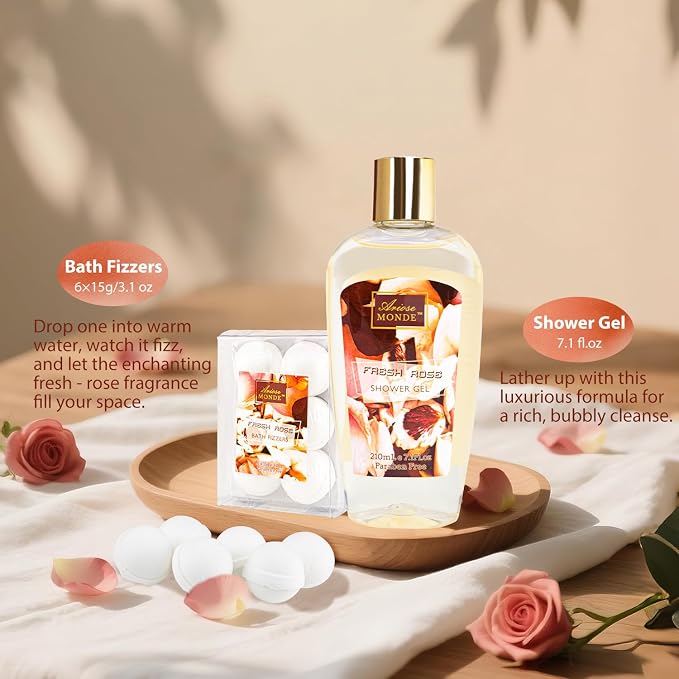 Fresh Rose Spa Gift Set for Women, 8-Piece Relaxing Bath Set with Shower Gel, Bubble Bath, Body Lotion, Self Care Gift for Any Occasion, Birthday Gifts for Women, Spa Kit for Mom Gifts
