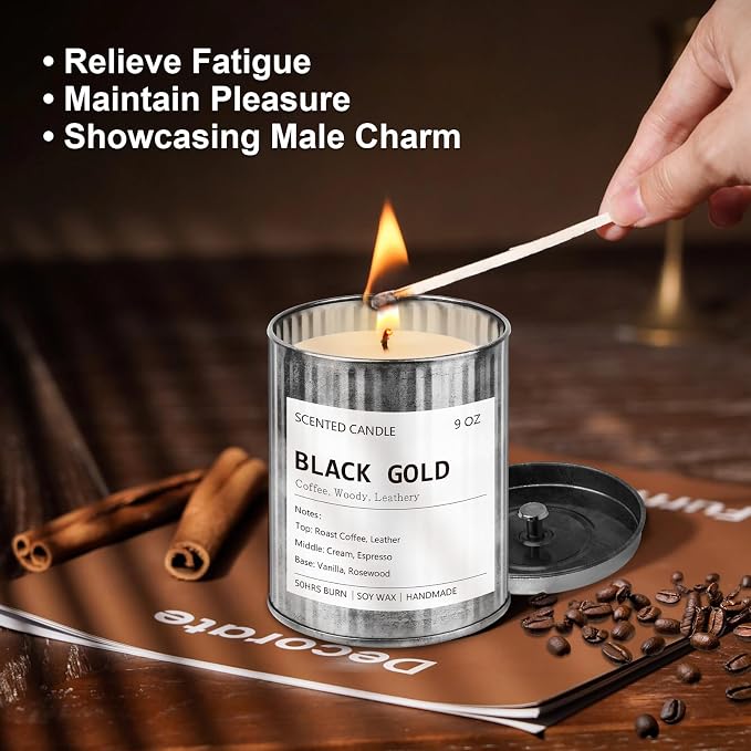 Scented Candle for Men - Man Cave Gifts Coffee Leather Woody Scent | 50Hr Burn Soy Wax Candle in Metal Tin (9oz) - Masculine Home Decor, Birthday Gift for Him