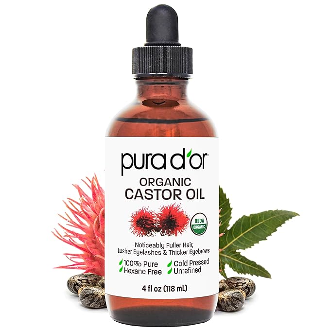PURA D'OR Organic Castor Oil – Pure Cold-Pressed, Hexane-Free, USDA Certified - Hair, Lashes, Brows, Scalp, Skin: Supporting Softness, Strength, Hydration, Shine & Radiance 4 Oz Hair Regrowth Tonic