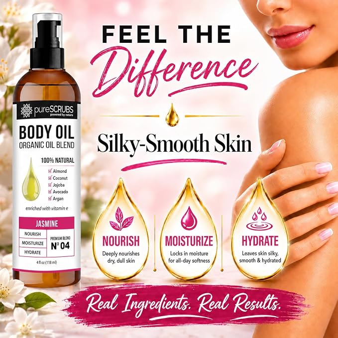 pureSCRUBS Ultra Moisturizing Jasmine Body Oil for Dry Skin, Lightweight Full Body Moisturizer for Soft, Silky Skin, Massage & Cuticle Oil, Vitamin E Enriched, 4 oz