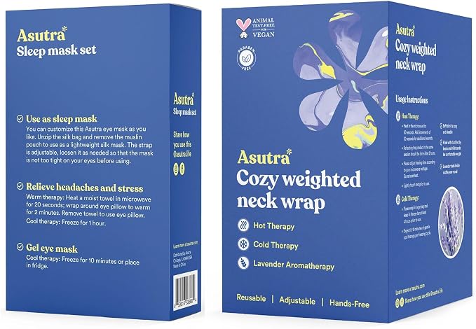 ASUTRA Navy Silk Eye Pillow and Plush Gray Weighted Neck Wrap Bundle Set, 2 Products - Weighted Eye Mask Filled w/Lavender & Flax Seeds, Hands-Free Microwaveable Heat Pad and Cooling Neck Wrap