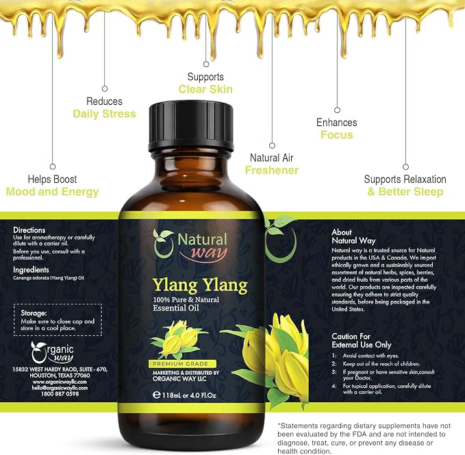 Ylang Ylang Essential Oil for Diffusers | Natural Aroma Oil for Home Fragrance, Humidifier & DIY Candle Making, Long Lasting Scent for Office, Bedroom & Soothing Scent 4 Fl Oz (120 mL)