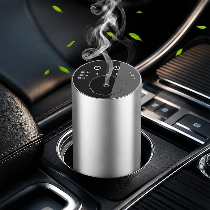 Homease Waterless Essential Oil Diffuser, Portable Cordless Aromatherapy with 3 Timers & Mist Levels, Rechargeable for Home Car Office, Premium Metal Silver