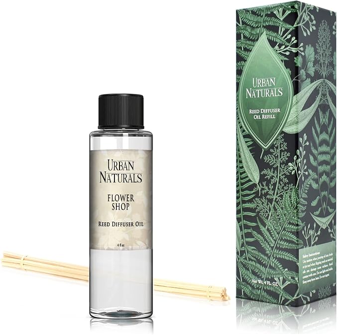 Urban Naturals Reed Diffuser Oil Refill Flower Shop, Violets, Daisies, Hyacinth, Rose Petals, 4 oz + Free Reed Sticks, Made in the USA