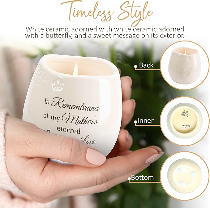Pavilion Light Your Way Memorial Ceramic Vessel - 100% Soy Wax Candle with "In Remembrance Of My Mother's Eternal Light And Love" Text, Decorative Soy Filled Candle, Scent of Tranquility, 8 oz, White