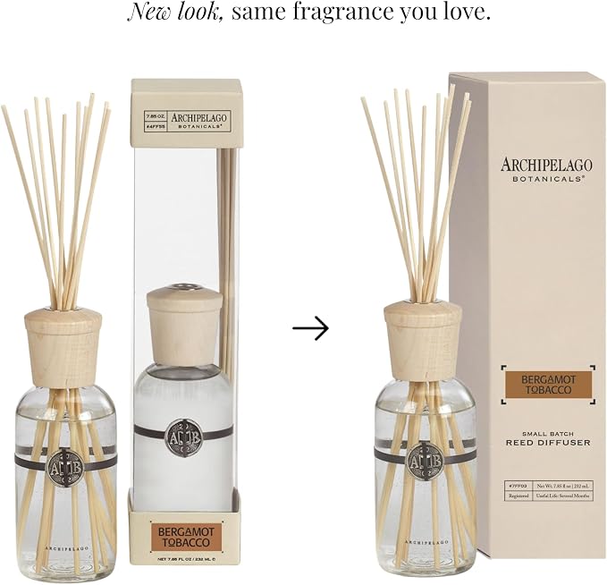Archipelago Botanicals Bergamot Tobacco Reed Diffuser, Home Fragrance Reed Diffuser, Includes Fragrance Oil, Decorative Wooden Cap & 10 Diffuser Reeds, Perfect for Home, Office or Gift, 7.85 fl oz