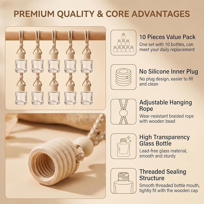 10 Pcs 5ml/0.17oz Hanging Car Air Freshener Bottles, Empty Clear Glass Diffuser Vials with Natural Wood Cap & Adjustable Rope, Refillable Car Perfume Pendant for Aromatherapy Fragrance Home Office