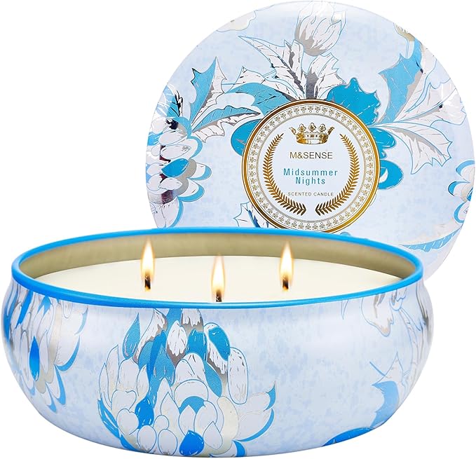 M&SENSE Soy Scented Candles for Home 12oz, 3 Wick Highly Scented 40 Hours Long Lasting, Midsummer Nights Scented Portable Tin Candles for Travel, Spa, Bath, Yoga