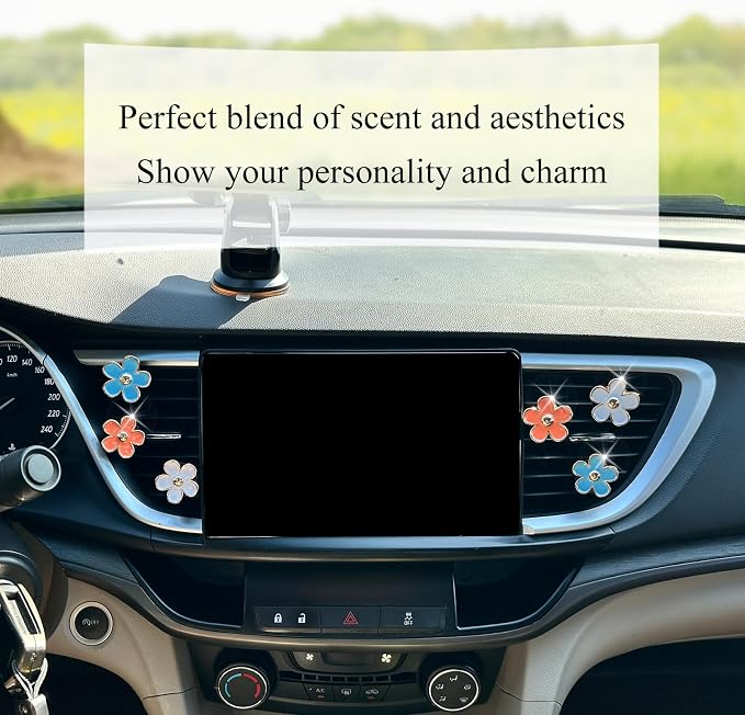 ORIESSE 6pcs Flowers Car Air Freshener Vent Clips,Blue Orange White Daisy Air Vent Clip Car Accessories for Women,3.3cm/3cm Flowers Vehicle Decor Refillable Diffuser