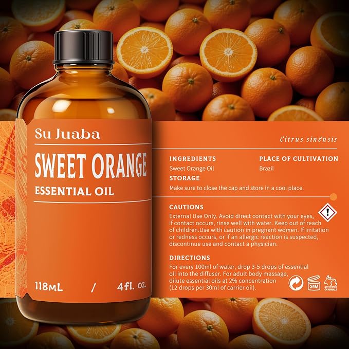 SU JUABA Orange Essential Oil 4 Fl Oz- 118ML | Citrus Scent for Mood Boost, Diffuser, Cleaning, Skin Care, Aromatherapy