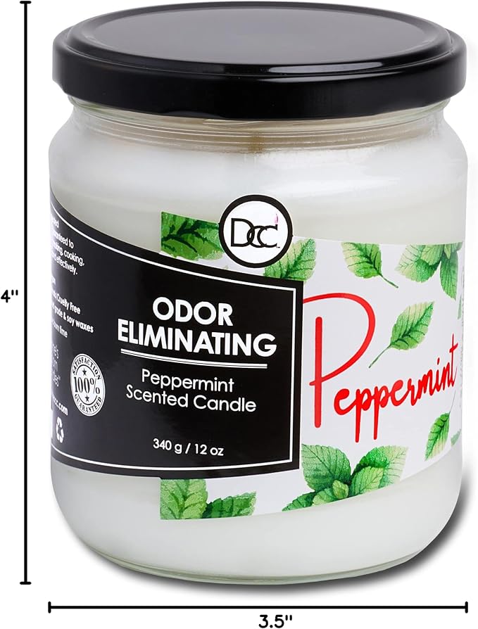 Peppermint Odor Eliminating Highly Fragranced Candle - Eliminates 95% of Pet, Smoke, Food, and Other Smells Quickly - Up to 80 Hour Burn time - 12 Ounce Premium Soy Blend