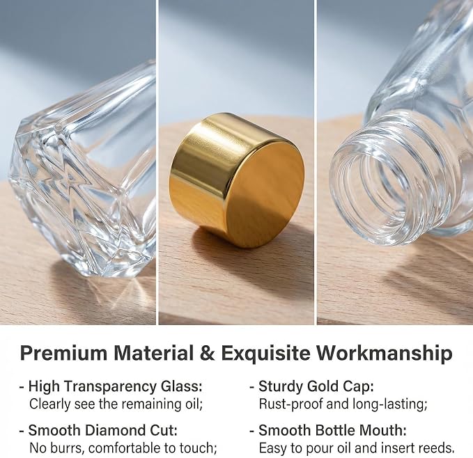 2 Pack 2oz Clear Reed Diffuser Bottles, Empty Refillable Diamond Style Glass Aromatherapy Bottles with Gold Caps & Inner Stoppers for Bathroom, Home & Office Fragrance DIY
