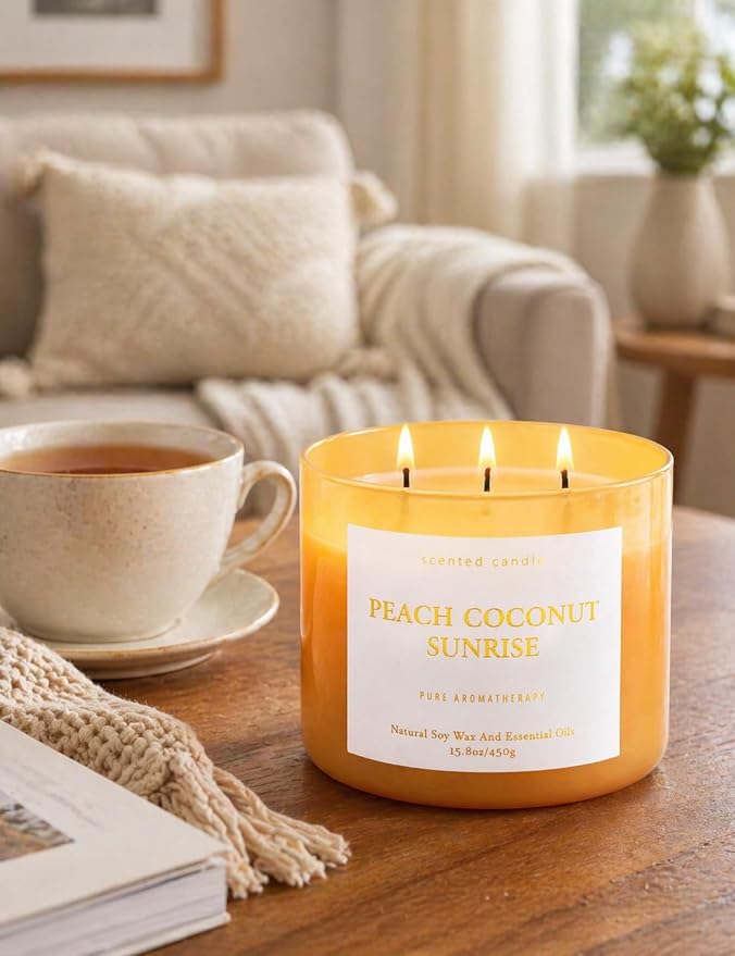 Peach Coconut Sunrise 3-Wick Soy Candle | 15.8 oz Large Aromatherapy Candle for Home | Clean Burn Long Lasting | Tropical Fruit Scent | Gift Ready