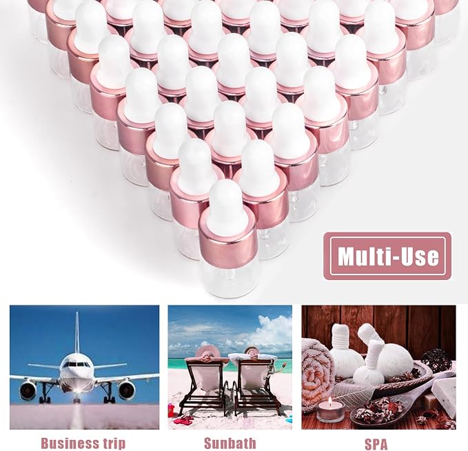 Sample Dropper Bottles, Mini Dropper Bottles with 2 Pcs Plastic Droppers for Traveling Essential Oils DIY Cosmetic Liquid Sample Perfume (Rose Gold, 1ML)