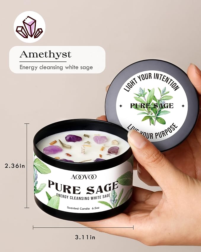 AOOVOO 2 Pack Sage Candles - Cleansing Candle with Crystals & Sage Leaves Inside, 13oz 100 Hours Long Lasting, Non Toxic Candle for Spiritual House Energy Meditation Yoga