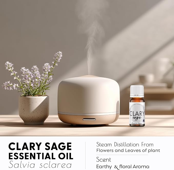 Organic Clary Sage Essential Oil | 100% Pure & Natural Salvia sclarea Flowering Herb Oil with Soft Herbal Aroma | for Diffuser, Candle Making & DIY Aromatherapy Blends, 0.34 fl oz