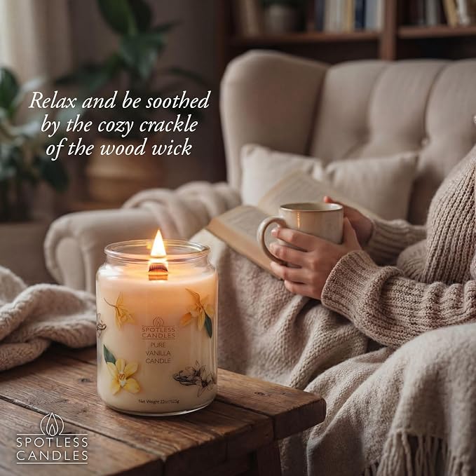 Vanilla Candle 22oz: 130 Hour Burn, Large Jar Scented Soy Wax Candle, Wooden Wick, Warm Vanilla Sugar, Luxury Gift Box, Home Decor by Spotless Candles