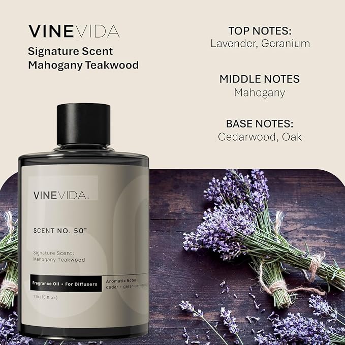 VINEVIDA Mahogany Teakwood Fragrance Oil for Cold Air Diffusers - 16 Fl Oz - Essential Oils for Diffuser Oil Refill & Air Freshener Room Spray