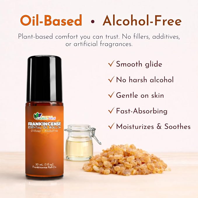 Frankincense Essential Oil Roll-On, 30mL (1 fl oz) – Pre-Diluted in Fractionated Coconut Oil (FCO) – Oil-Based, Alcohol-Free Aromatherapy Roller