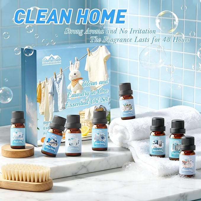 Diffuser Fragrance Oils, Essential Oils for Diffuser for Home, 8x10ml Clean and Laundry Set, Clean Scents for Candle & Soap Making, Fresh Linen, Clean Cotton, Lavender Field, Lemon Fresh, Blossom Soap