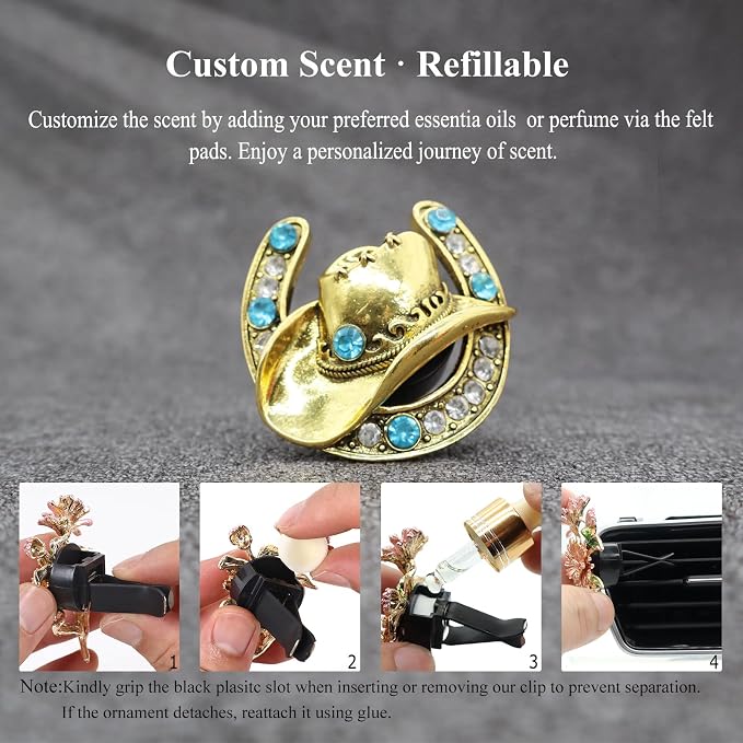ORIESSE Cowboy Cowgirl Car Air Freshener Vent Clip,Bling Western Car Decor,1pc Women Men Vehicles Trucks Dashboard Decoration Accessories,Refillable Alloy Cowboy Hat Charm Diffuser