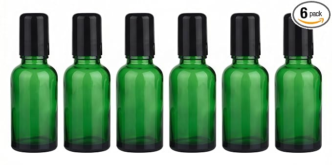 erioctry 6PCS 20ml Empty Green Glass Essential Oil Roller Bottles Portable Roll on Perfume Bottles with Stainless Steel Ball Black Cap Vial Container