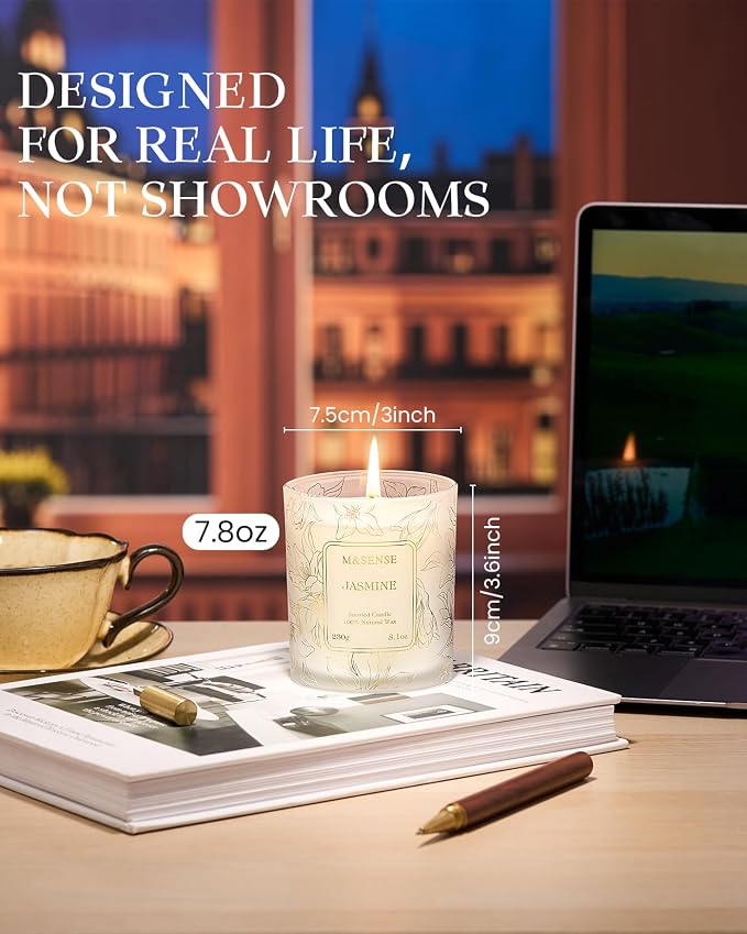M&SENSE Jasmine Soy Candle, 8.1oz 42H Non-Toxic Long Burning, Fresh White Floral, Summer Night Aromatherapy Gift for Women