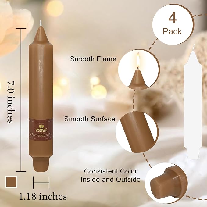 4 PCS Short Taper Candles Brown Candle Tapers Candle Sticks 7 inch for Dinner Household Wedding Party Home Décor Candles