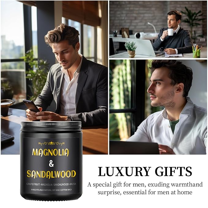Sandalwood Candle, 7 oz Scented Candle for Men, Soy Candles for Home Scented, Masculine Jar Candle for Him, 50 Hours Burning Time Mens Candle Gift for Boyfriend, Father, Birthday Present Giving