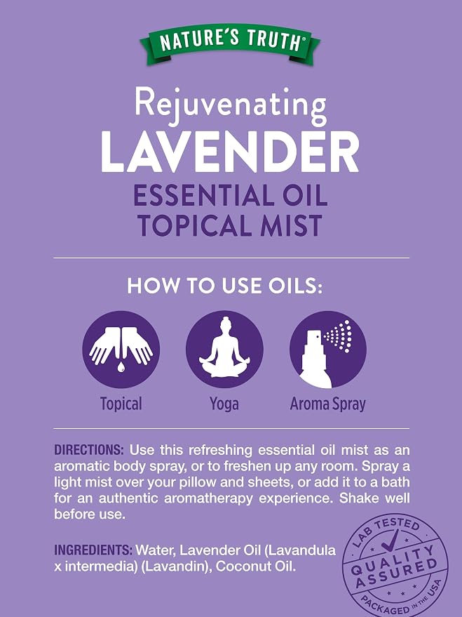 Nature's Truth Lavender Essential Oil Spray | 2.4 fl oz | Room Aroma Mist, Topical Use, & Yoga