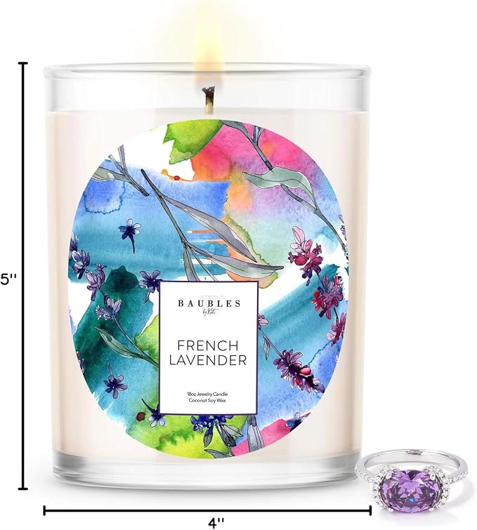 Baubles French Lavender Scented Premium Candle and Jewelry with Surprise Ring Inside | 18 oz Large Candle | Made in USA | Parrafin Free | Size 10