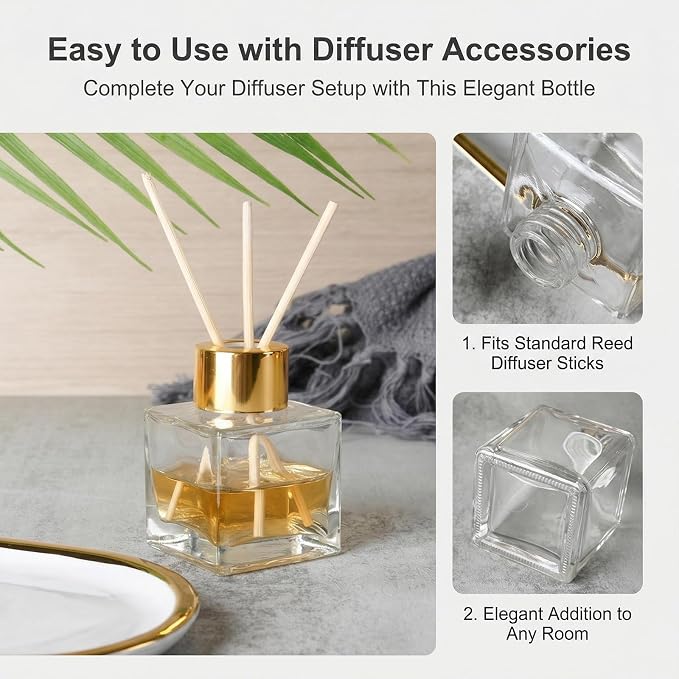 2PCS 50ml/1.7oz Empty Clear Glass Diffuser Jars with Gold Cap Small Square-Shaped Essential Oil Container Fragrance Accessories Use for DIY Replacement Set