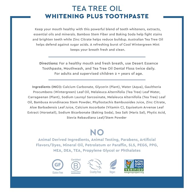 Desert Essence Tea Tree Oil Whitening Plus Toothpaste - 6.25 Oz - Antiseptic Tea Tree Oil - Zinc Citrate - Baking Soda - Freshens Breath - Reduced Plaque - Fluoride Free