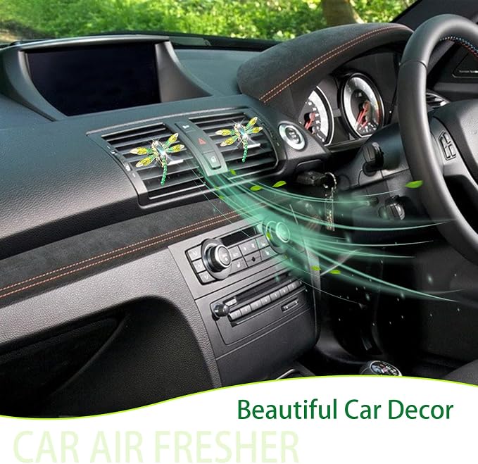 ORIESSE Dragonfly Car Decor,2pcs Bling Dragonfly Air Freshener Vent Clips,Cute Car Accessories,Refillable Car Diffuser, Glamorous Green Decor
