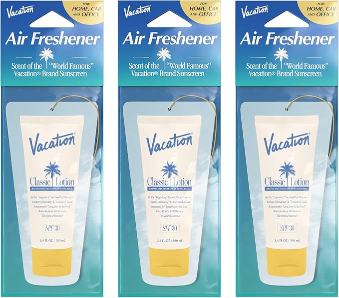 Vacation Car Air Freshener, Pack of 3 - Hanging Air Freshener for Car, Home and Office, Vacation by Vacation Sunscreen Signature Scent, Long-Lasting Deodorizer