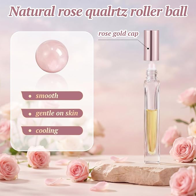 Domensi 30 Pack 10ml/0.34oz Rose Quartz Glass Roller Bottles for Essential Oil, Refillable Leak-proof Travel Perfume Roll on Bottles for DIY Aromatherapy, Skincare & Samples