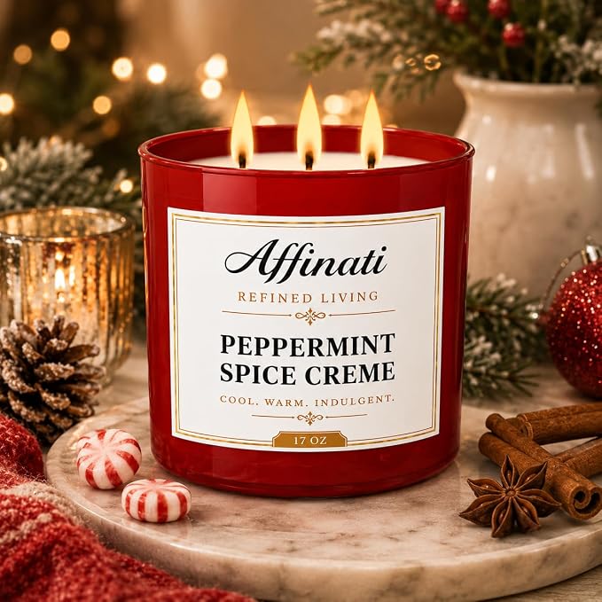 Affinati Peppermint Spice Creme 3 Wick Scented Candle – Large Soy Blend Candle, Strong Scent Throw Sweet Winter Mint Bakery Holiday Candle, Premium Clean Burning Gift
