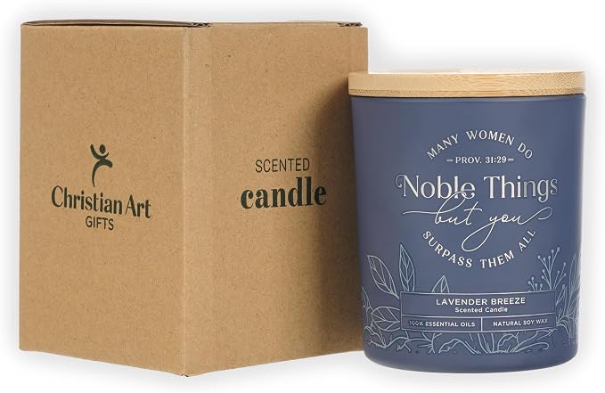Christian Art Gifts Soy Wax Scented Candle: Lavender Breeze, Proverbs 31:29 Bible Verse, Pure Essential Oils, 4.5 oz, Up to 20 Hours Burn Time, Glass Jar w/Bamboo Lid, Encouragement Gift for Women