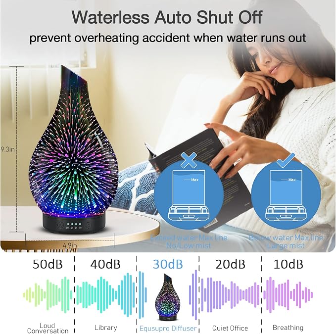 Aromatherapy Essential Oil Diffuser for Home- Art Glass Diffuser for Essential Oils with Waterless Auto Shut-Off 4 Timer 7 Colors LED Night Light for Home Office Decor Gifts for Women