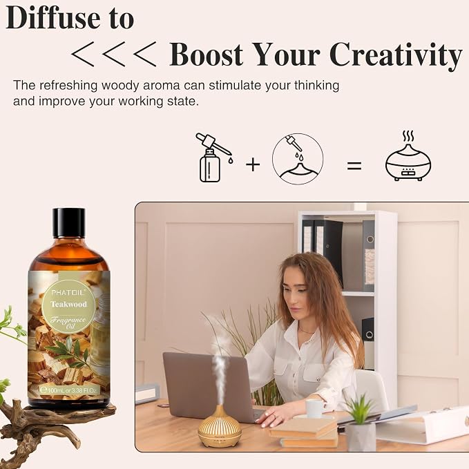 PHATOIL 3.38FL.OZ Teakwood Fragrance Oils for Aromatherapy, Essential Oils for Diffusers for Home, Perfect for Diffuser, Yoga, Skin Care, DIY Candle and Soap Making - 100ml