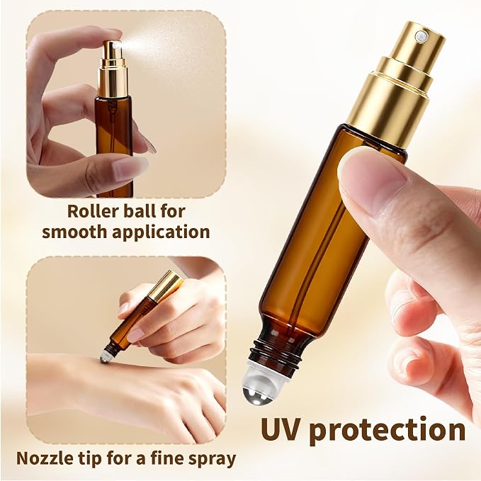 Double Ended Perfume Bottle With Roller Ball &Spray:4 PCS 10ml Amber Refillable Leakproof Travel Atomizer Facial Care with Funnel Tool for Perfume,Cologne,Essential Oils