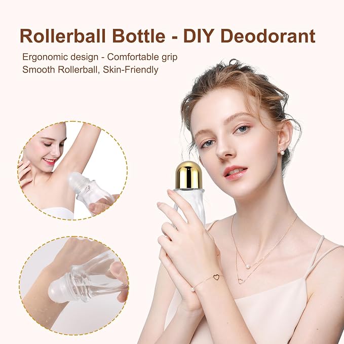 3-Pack 50ml Glass Deodorant Roller Bottles, Refillable Roll-On Bottles for Essential Oils, Perfume, Aromatherapy, Empty Travel-Size Rollerball Applicator Containers