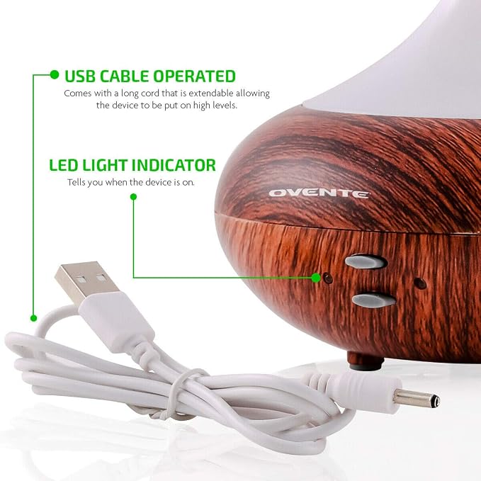 OVENTE Essential Oil Aromatherapy Diffuser 3.38 Oz with Cool Air Humidifier & LED Lights, Ultrasonic Humidifier Tech with Auto Power Off and Low Noise Quiet for Home Office Bedroom, White DF4695DW